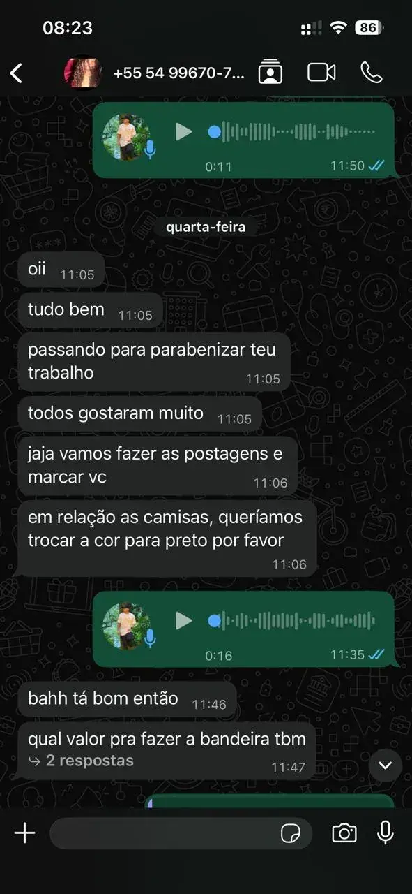 Print de feedback real de cliente da Duarty pelo WhatsApp
