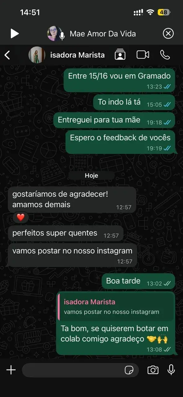 Print de feedback real de cliente da Duarty pelo WhatsApp